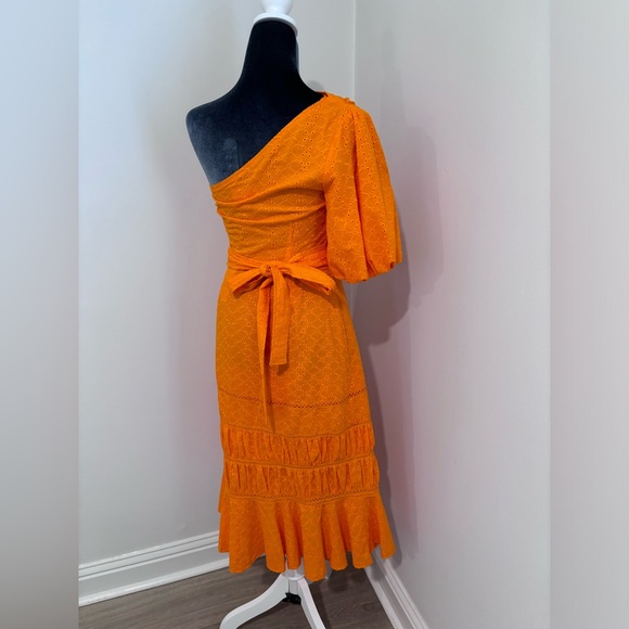 NWT L’Atiste Orange Eyelet One Shoulder Dress With Sash Size S - Picture 5 of 12